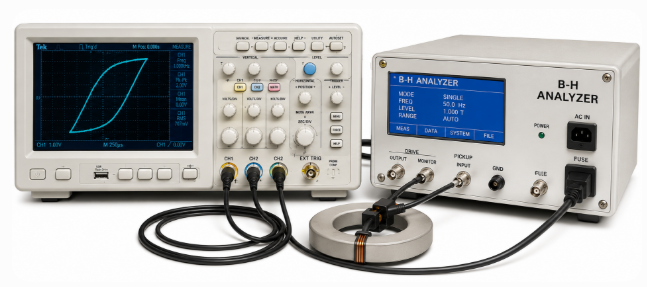 Oscilloscope and B-H analyzer for hysteresis measurement.