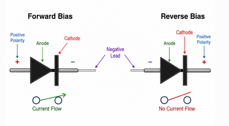 Forward and reverse bias operation of a diode showing current flow behavior