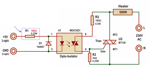 SSR Circuit Showing Input Resistor Calculation and Load Control