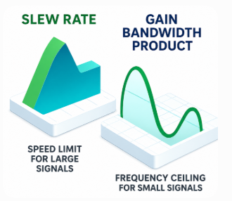 Slew rate limits speed, while bandwidth limits frequency.